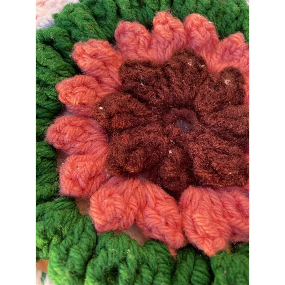 Vintage Handmade Crochet Pot Holder Hot Pad Pink Green White Brown PREOWNED